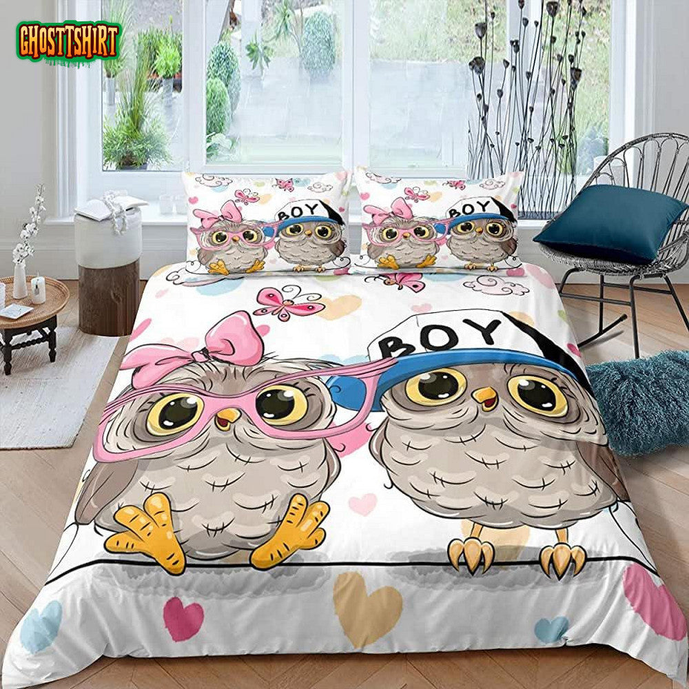 Cartoon Owl Couple Bed Sheets Spread Comforter Duvet Cover Bedding Set