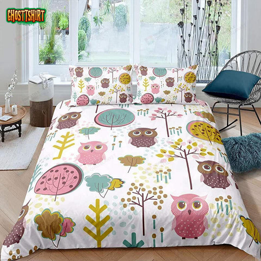 Cartoon Owl Pattern Bed Sheets Spread Comforter Duvet Cover Bedding Set