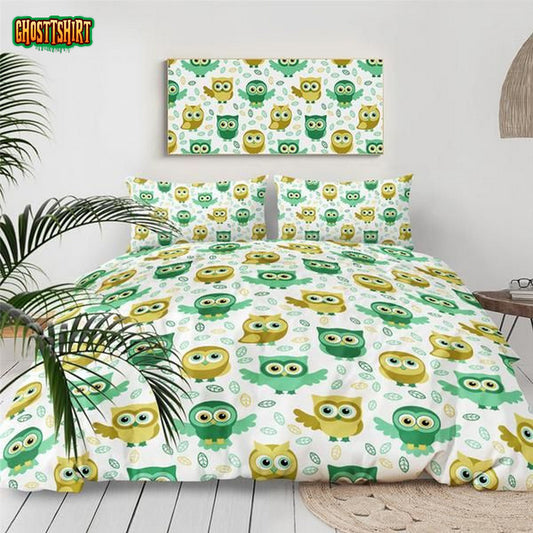 Cartoon Owl Pattern Cotton Bed Sheets Spread Comforter Duvet Cover Bedding Set