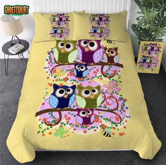 Cartoon Owls Pattern Bed Sheets Duvet Cover Bedding Set