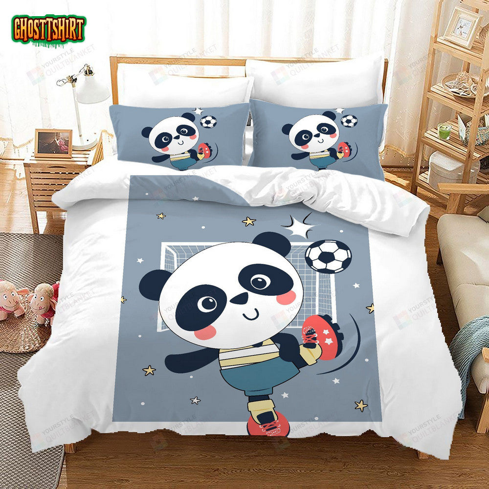 Cartoon Panda Playing Football Bed Sheets Duvet Cover Bedding Set