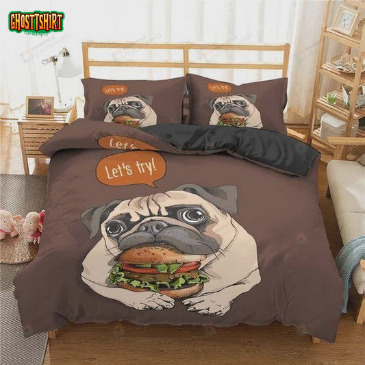 Cartoon Pug Dog Eating Hamburger Cotton Bed Sheets Spread Comforter Duvet Cover Bedding Set