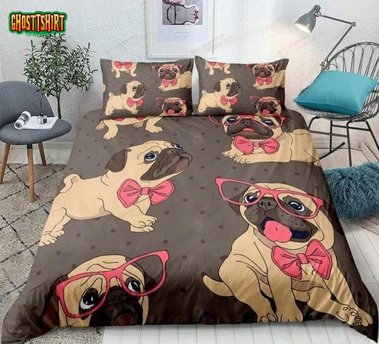 Cartoon Pug Dog With Pink Glasses Cotton Bed Sheets Spread Comforter Duvet Cover Bedding Set