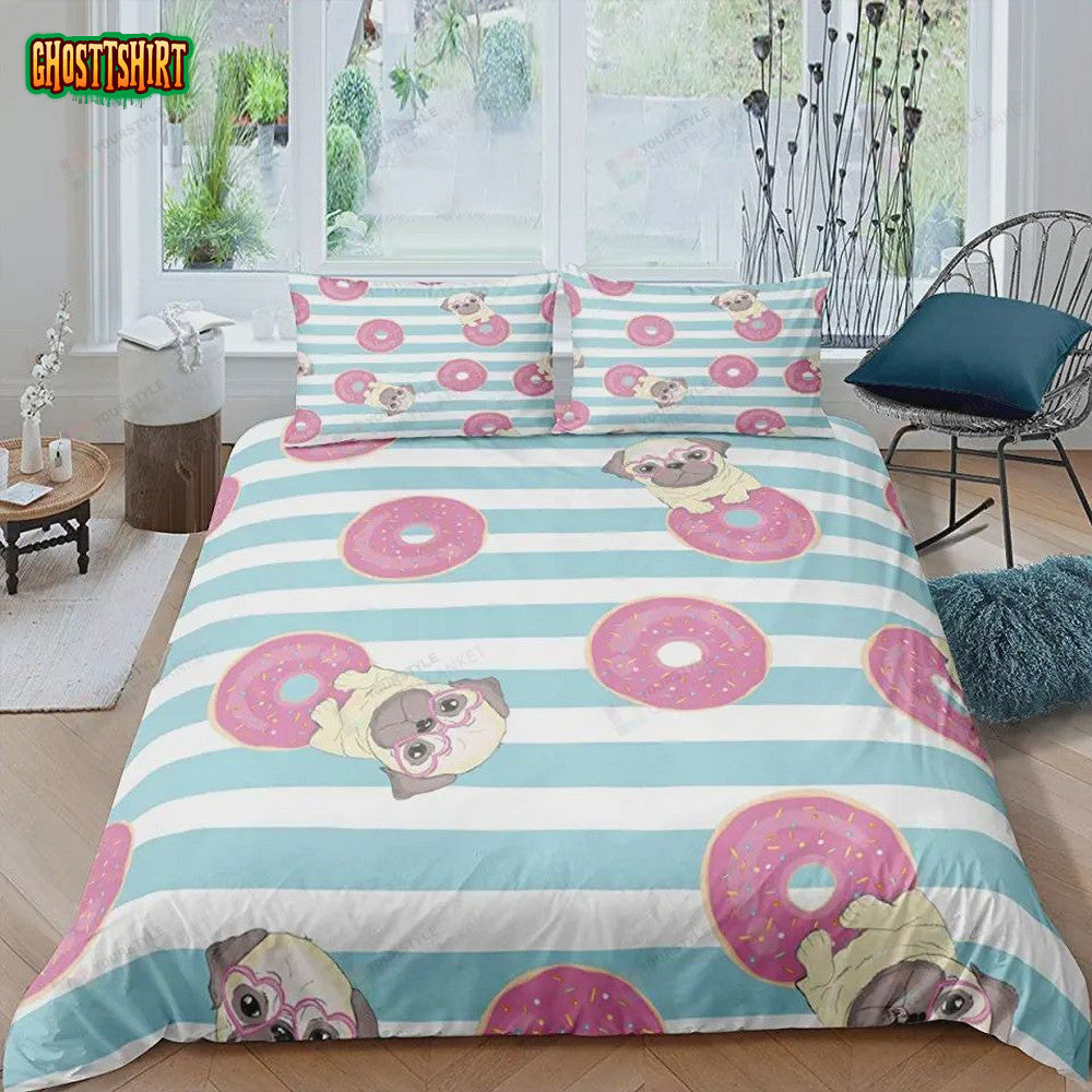 Cartoon Pug With Donuts Bedding Set