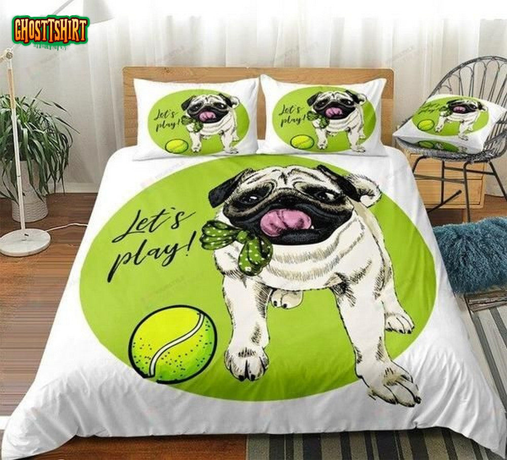 Cartoon Pug With Tennis Ball Cotton Bed Sheets Spread Comforter Duvet Cover Bedding Set