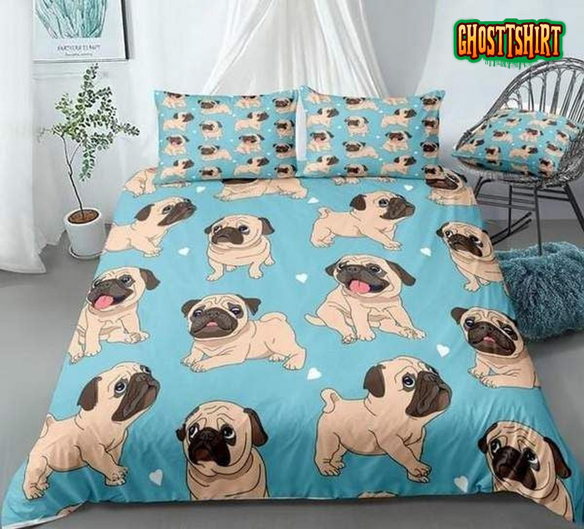Cartoon Pugs Blue Bed Sheets Duvet Cover Bedding Set