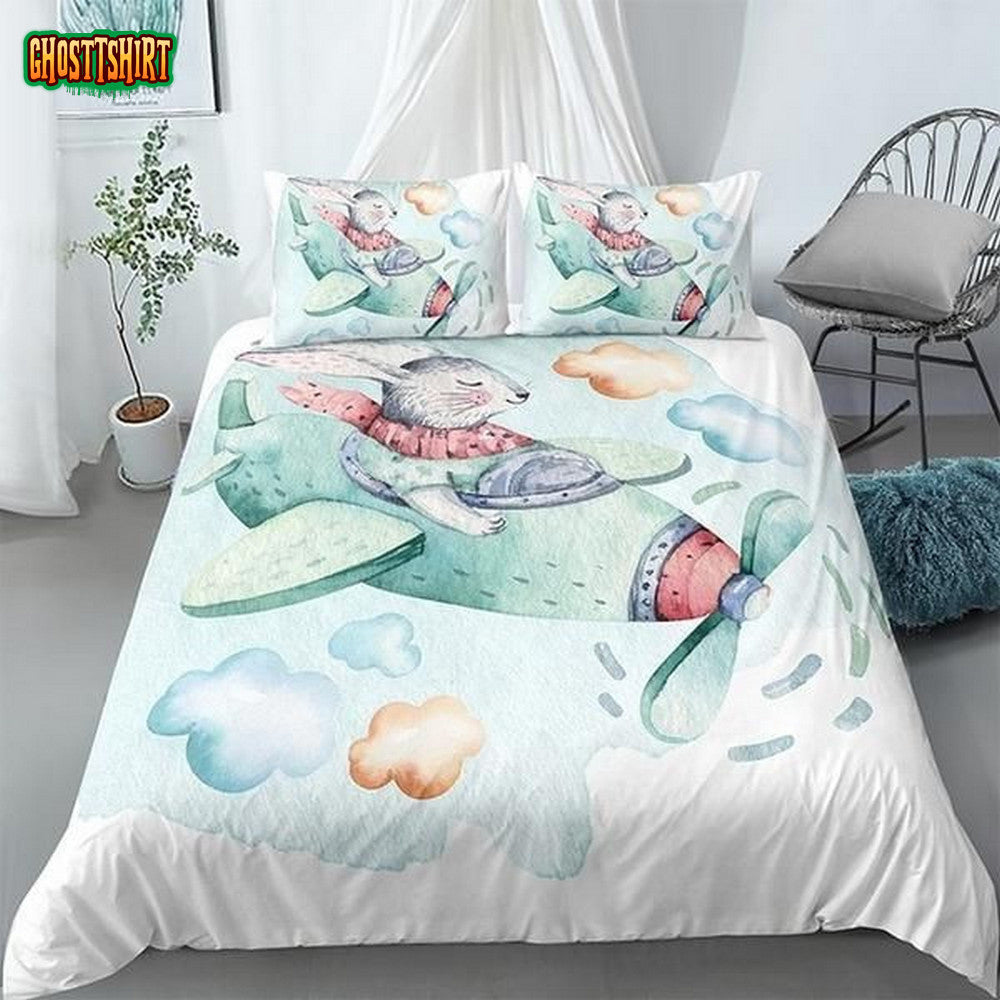Cartoon Rabbit Flying Pilot Plane Cotton Bed Sheets Spread Comforter Duvet Cover Bedding Set