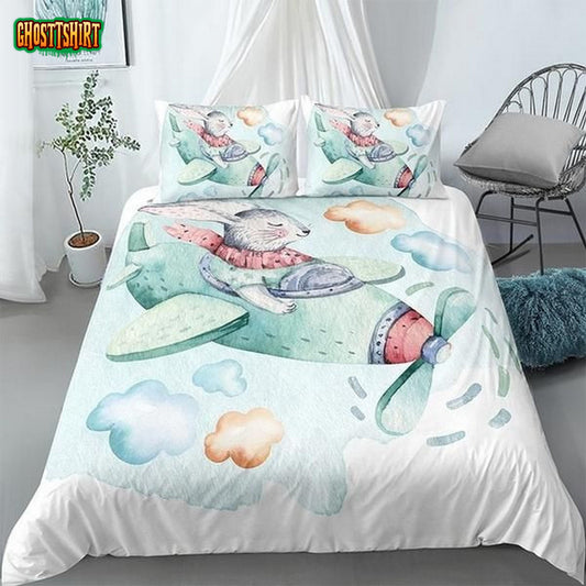 Cartoon Rabbit Flying Pilot Plane Cotton Bed Sheets Spread Comforter Duvet Cover Bedding Set