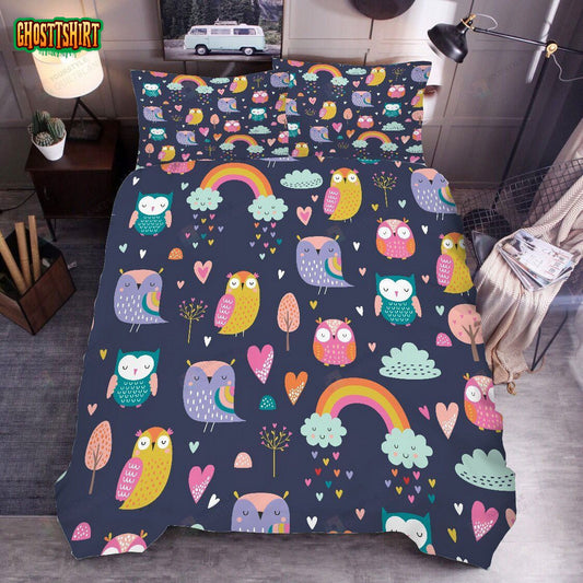 Cartoon Rainbow Owl Bed Sheets Duvet Cover Bedding Set