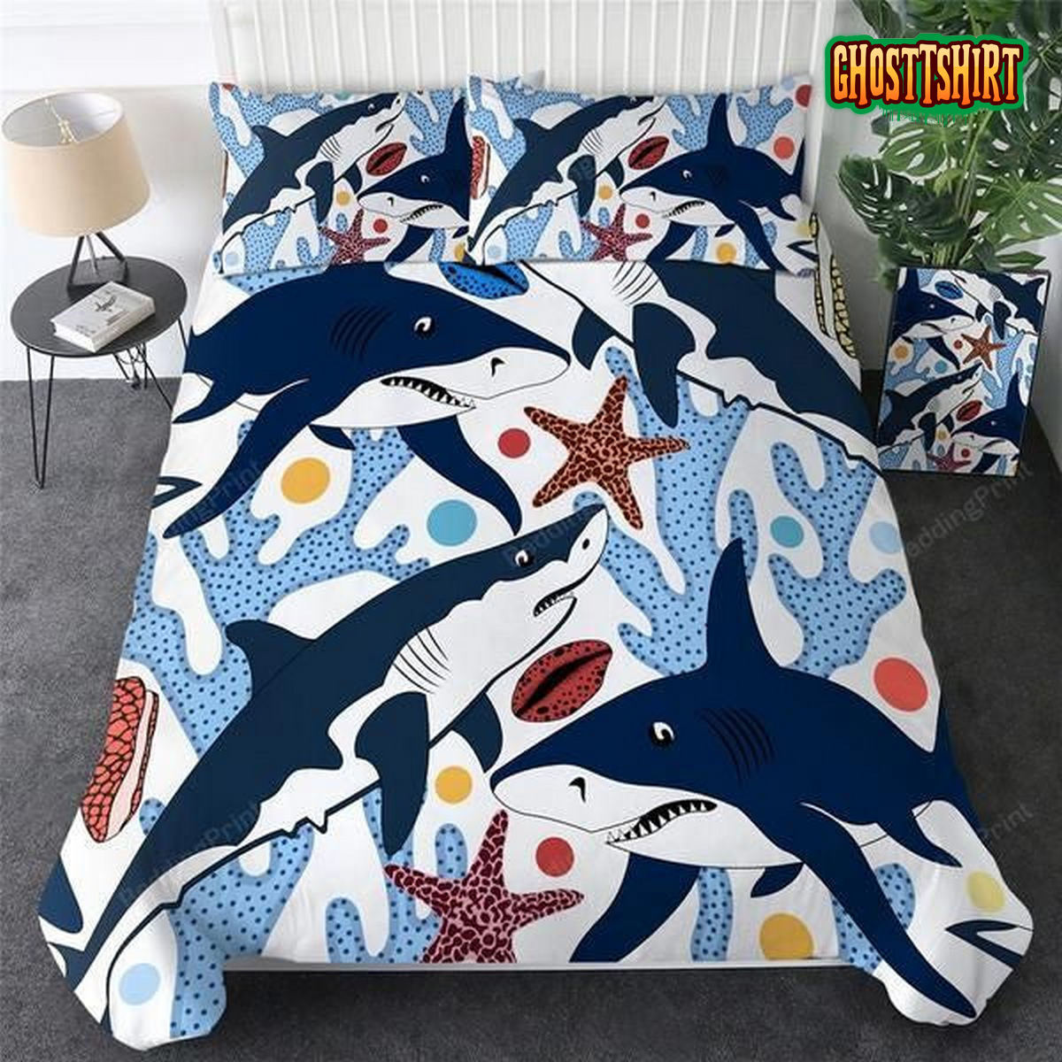 Cartoon Shark Pattern Bed Sheets Duvet Cover Bedding Set