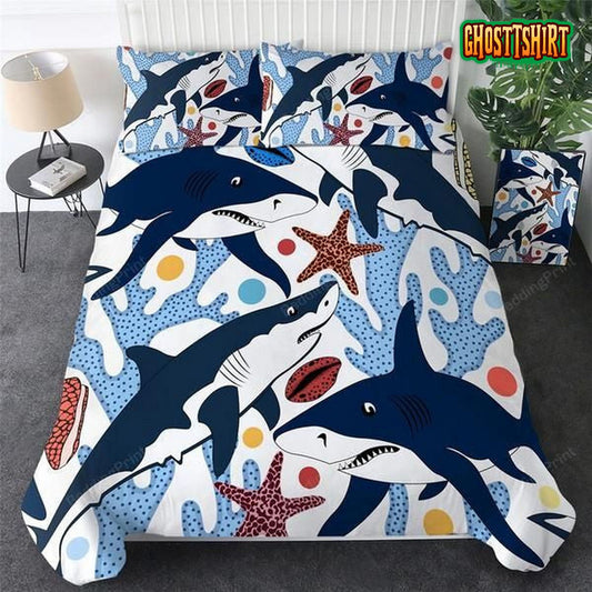 Cartoon Shark Pattern Bed Sheets Duvet Cover Bedding Set