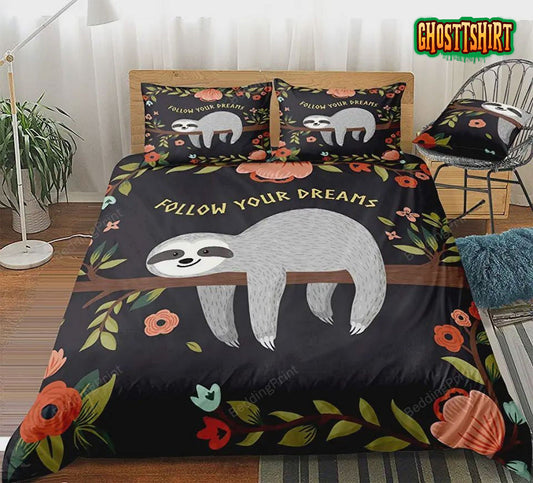 Cartoon Sloth Duvet Cover Set Flowers Sloth Bedding Flowers Sloth Printed Design Boys Girls Bedding Set