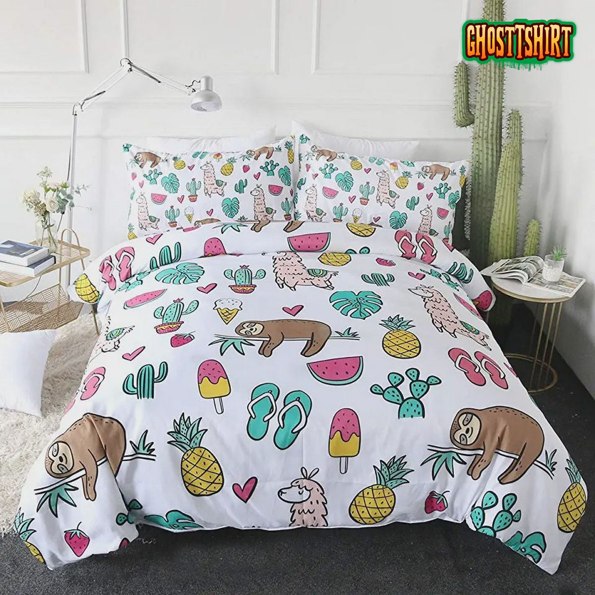 Cartoon Sloth Llama Cactus With Pineapple Bedding Set
