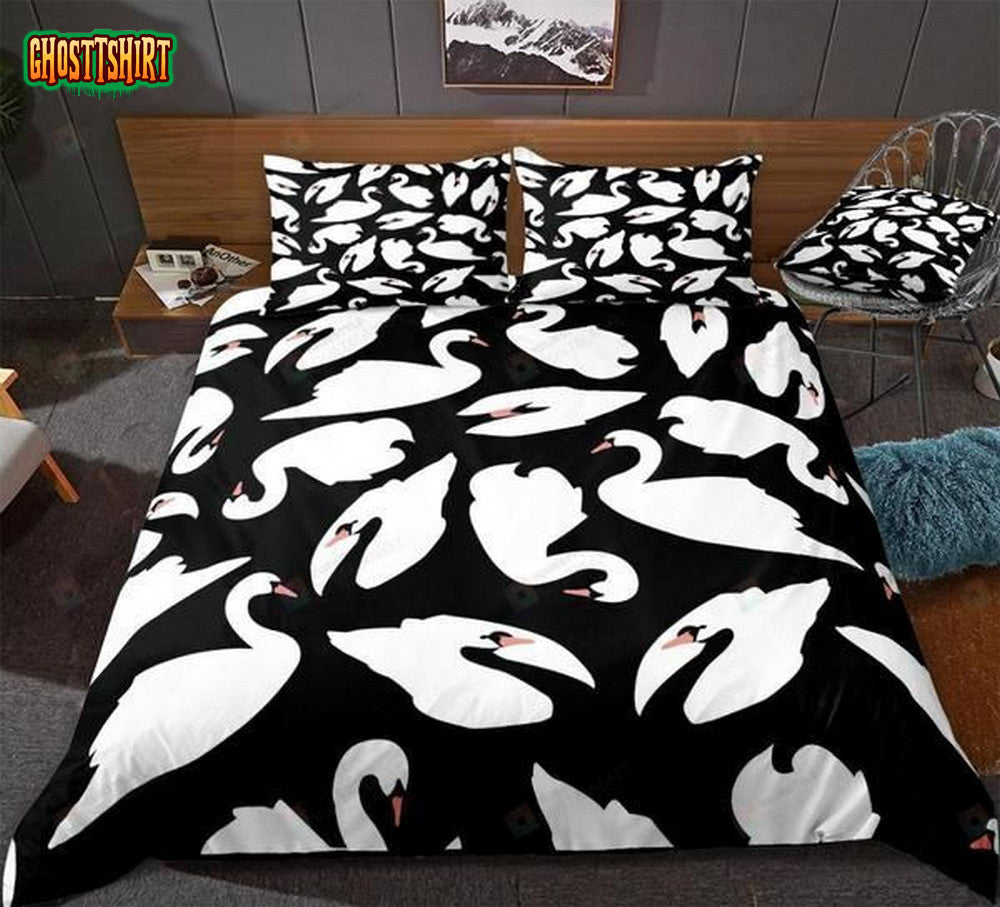 Cartoon Swans Pattern Black Cotton Bed Sheets Spread Comforter Duvet Cover Bedding Set