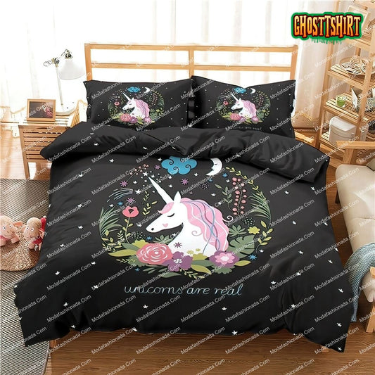 Cartoon Unicorn Pink Black Cute Bedding Set