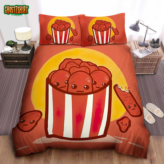 Cartoonish Chicken Nuggets Illustration Bed Sheet Spread Comforter Duvet Cover Bedding Set