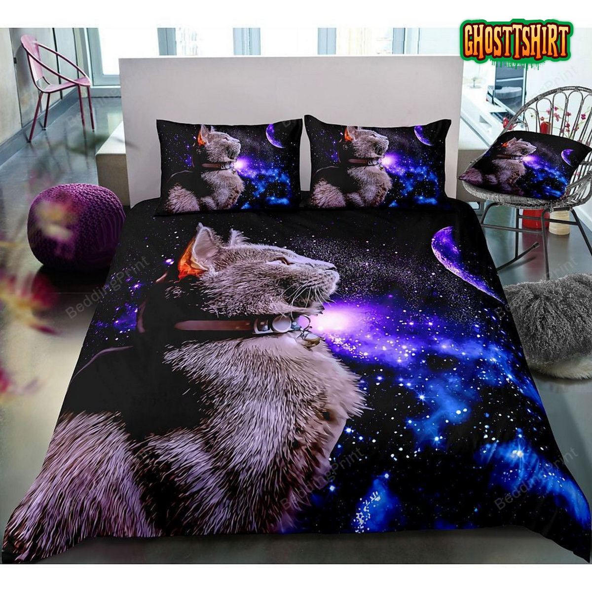 Cat In Galaxy Space Bedding Set
