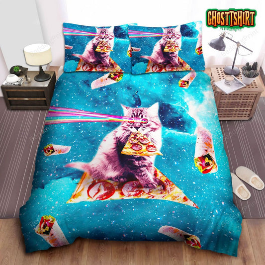 Cat Pizza & Burrito In The Galaxy Bed Sheet Duvet Cover Bedding Set
