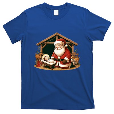 Christmas Design Kneeling Santa Claus With Baby Jesus T-Shirt