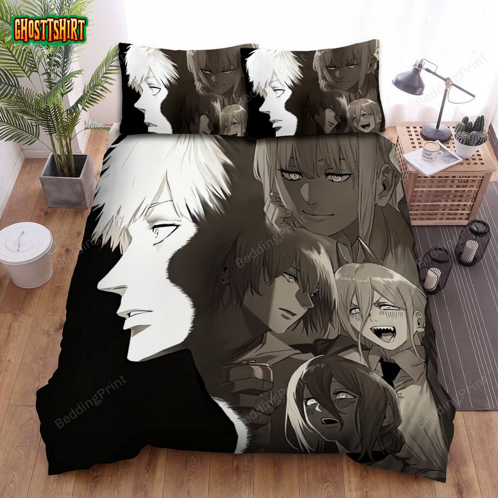 Chainsaw Man Main Characters Black & White Poster Bed Sheets Spread Duvet Cover Bedding Set