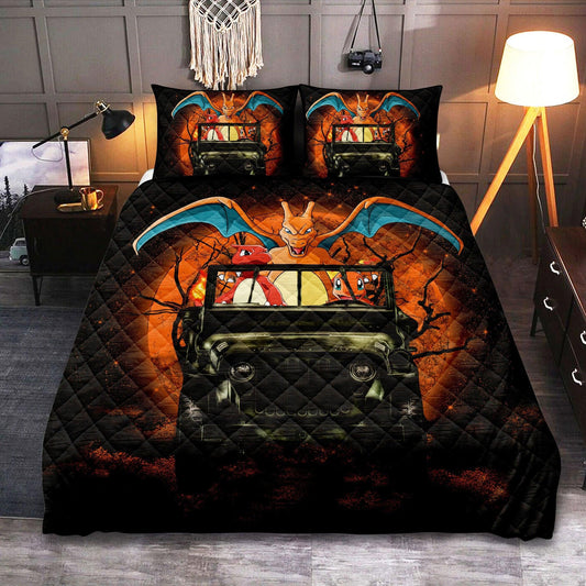 Personalized Charizard Charmander Drive Funny Moonlight Halloween Themed 3-pc Quilt Bedding Set
