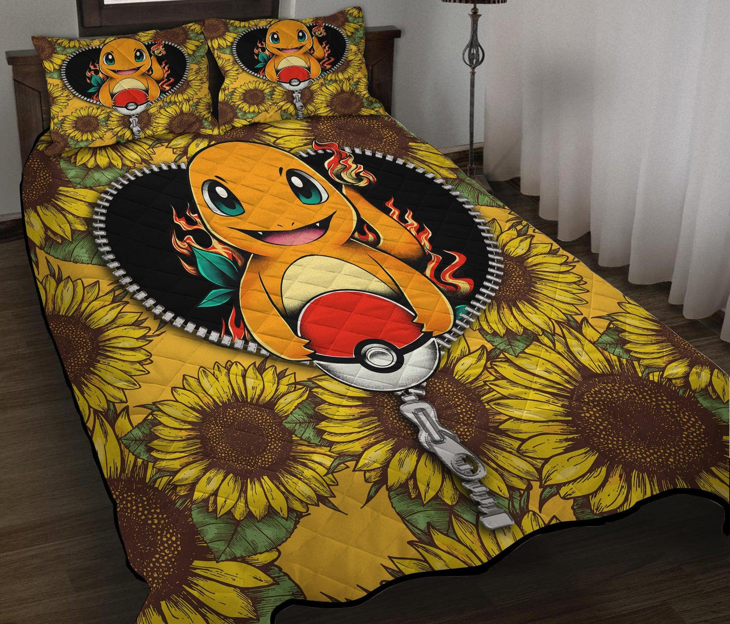 Personalized Charmander Zipper 3-pc Quilt Bedding Set – Sunflower Design