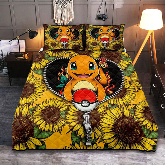 Personalized Charmander Zipper 3-pc Quilt Bedding Set – Sunflower Design