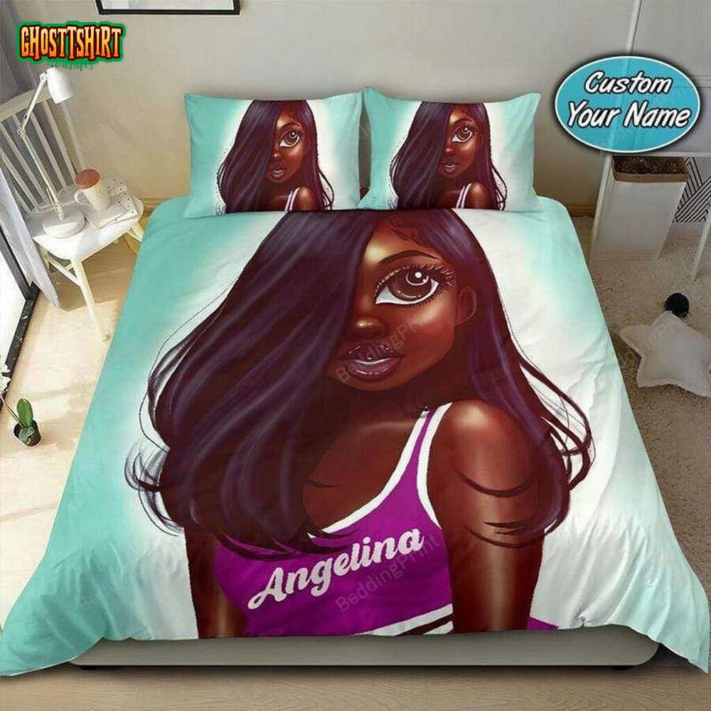 Charming Sporty Black Girl Custom Name Duvet Cover Bedding Set