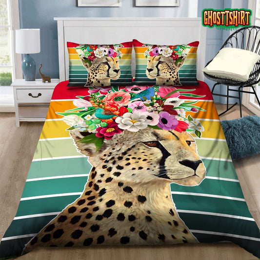 Cheetah Wearing Flowers Bed Sheets Duvet Cover Bedding Set