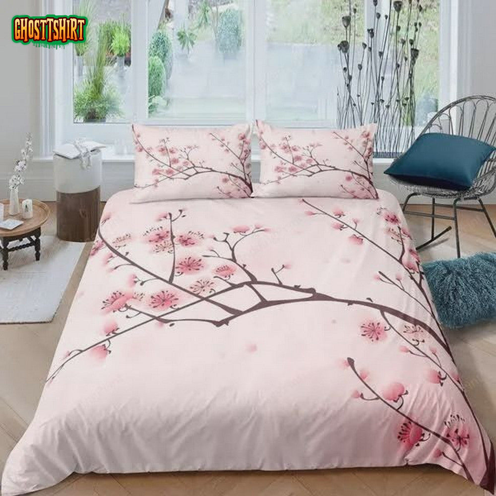 Cherry Blossoms Sakura Flowers Branch Japanese Spring Bed Sheets Duvet Cover Bedding Set