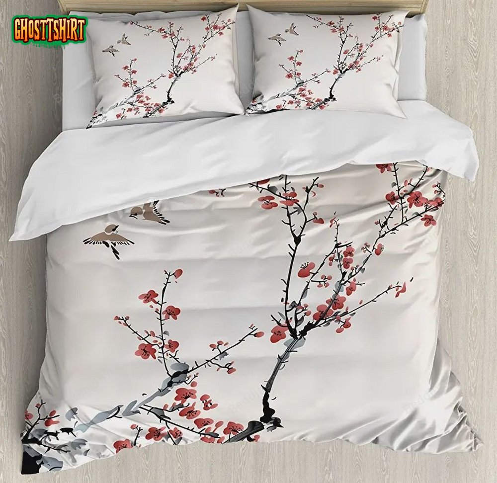 Cherry Branches Flowers Buds and Birds Style Artwork Bed Sheets Duvet Cover Bedding Set