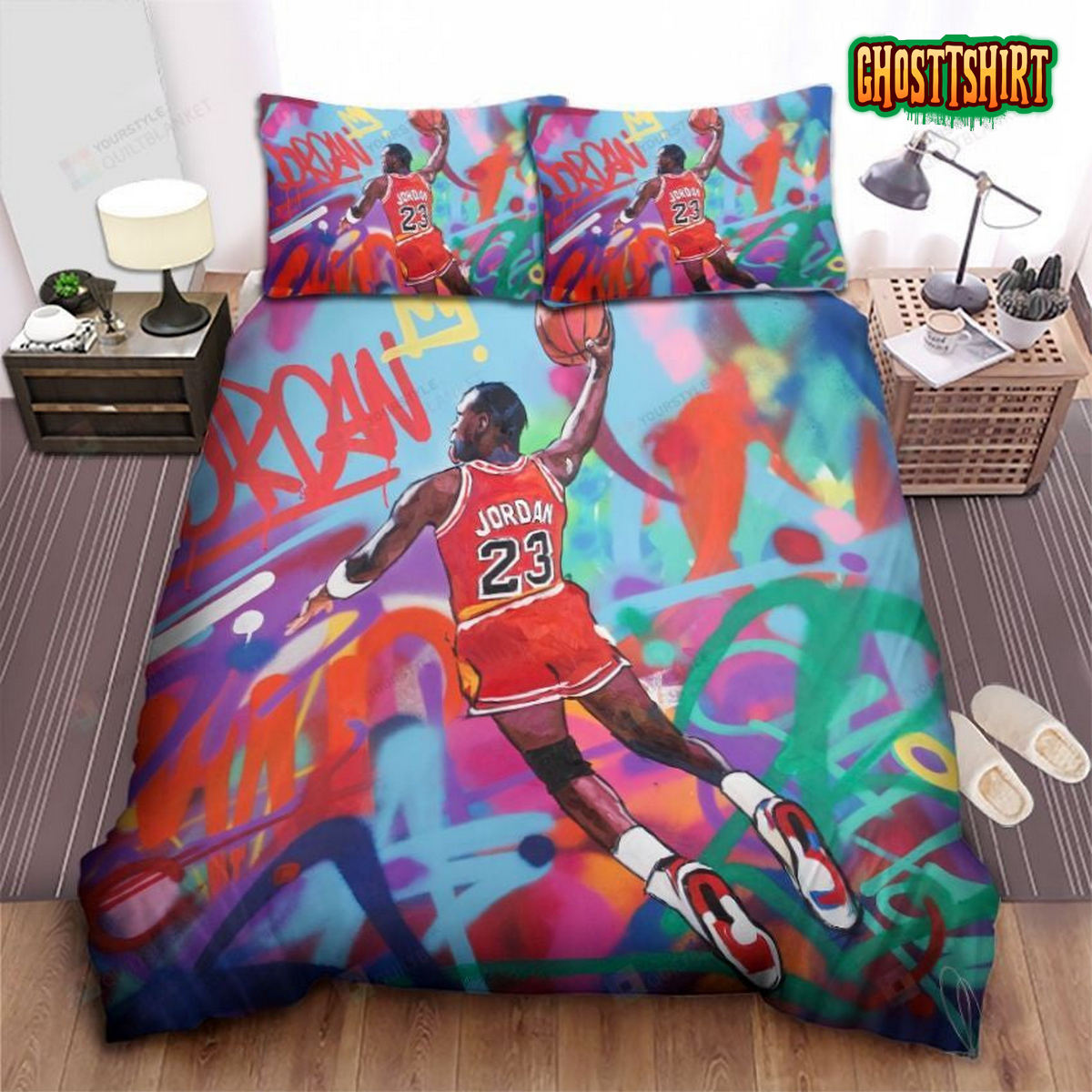 Chicago Bulls Michael Jordan Dunking On Graffiti Theme Bed Sheet Duvet Cover Bedding Set