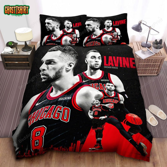 Chicago Bulls Zach Lavine Photo Collage In Black & Red Bed Sheet Duvet Cover Bedding Set
