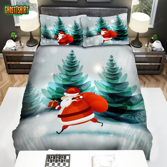 Christmas Art, Cartoon Santa Claus Running Bed Sheets Spread Duvet Cover Bedding Set