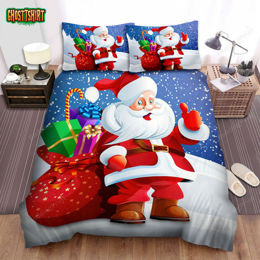 Christmas Art, Cartoon Santa Claus Wearing Red Gloves Bed Sheets Spread Duvet Cover Bedding Set