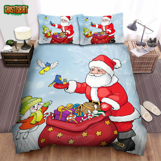 Christmas Art, Cartoon Santa Giving To Birds And Bunny Bed Sheets Spread Duvet Cover Bedding Set