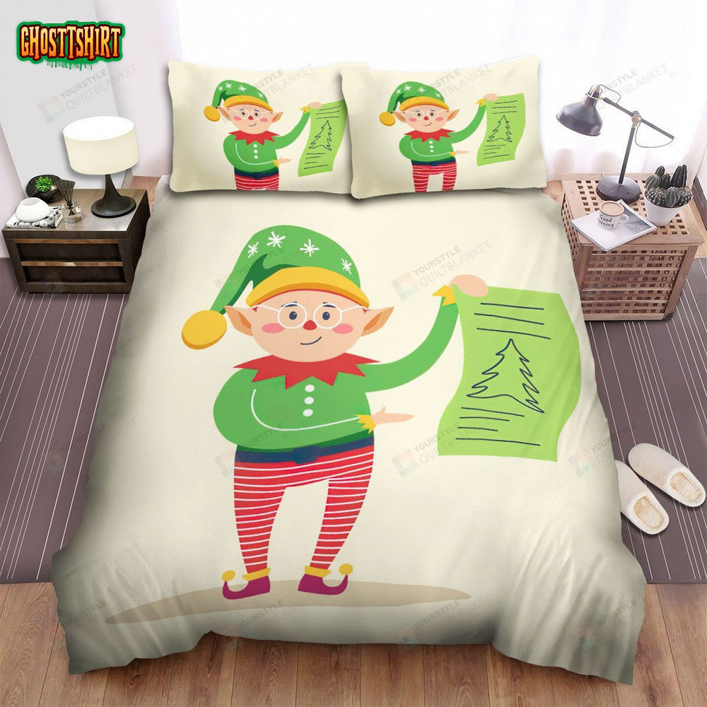 Christmas Art, Elf Showing His Plant Bed Sheets Spread Duvet Cover Bedding Set