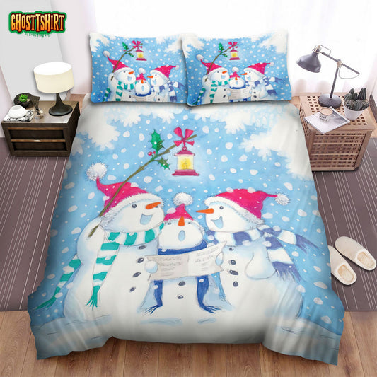 Christmas Art Of Snowman, They Are Singing A Song Bed Sheets Spread Duvet Cover Bedding Set