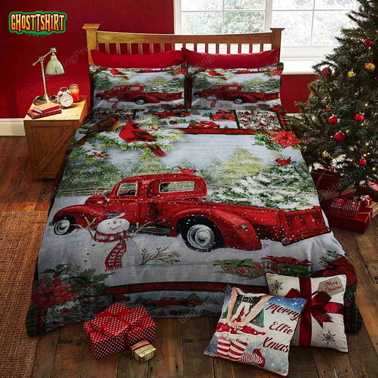 Christmas Red Truck Snowy Cardinals Bed Sheets Duvet Cover Bedding Set