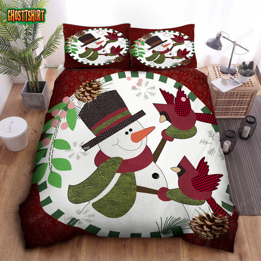 Christmas Snowman With Red Bird Bed Sheets Duvet Cover Bedding Set