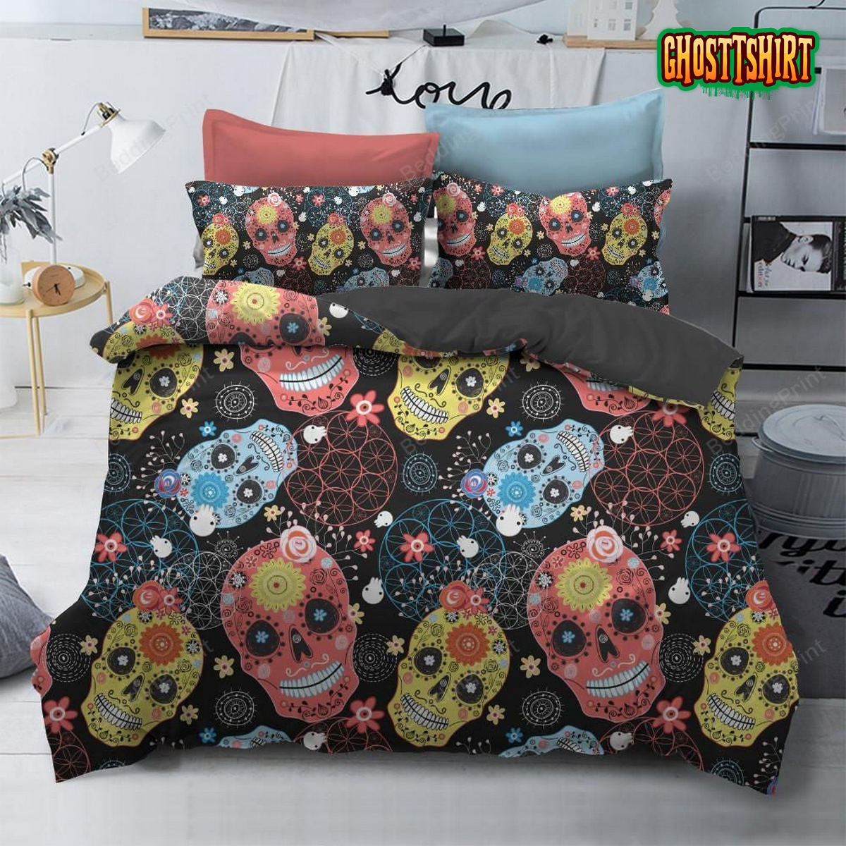 Colored Sugar Skulls Bed Sheets Duvet Cover Bedding Set