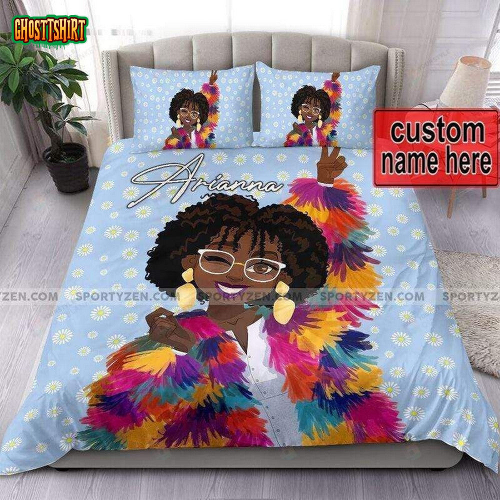 Colorful Happy Black Girl Daisy Background Custom Name Duvet Cover Bedding Set