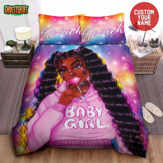 Colorful Long Hair Black Girl Baby Girl Custom Name On Shirt Of Duvet Cover Bedding Set