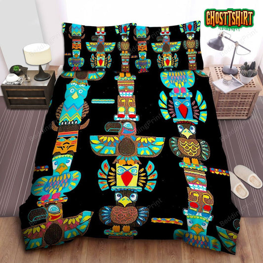 Colorful Native American Totem Poles Painting On Black Bed Sheets Duvet Cover Bedding Set