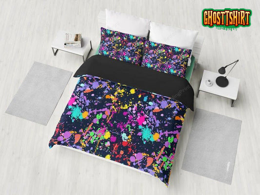 Colorful Paint Splatter Abstract Art Black Duvet Cover Bedding Set