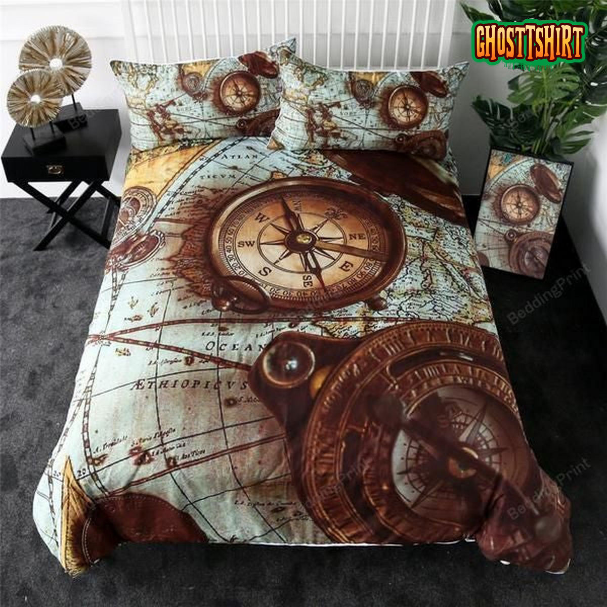 Compass World Map Bed Sheets Duvet Cover Bedding Set