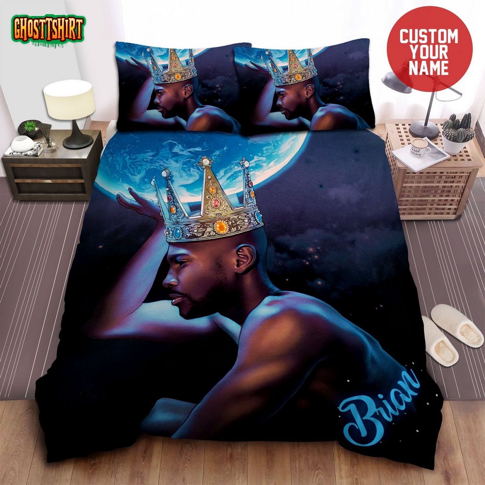 Cool Black Boy Black King Crown Holding The Earth Afro Boy Custom Name Duvet Cover Bedding Set