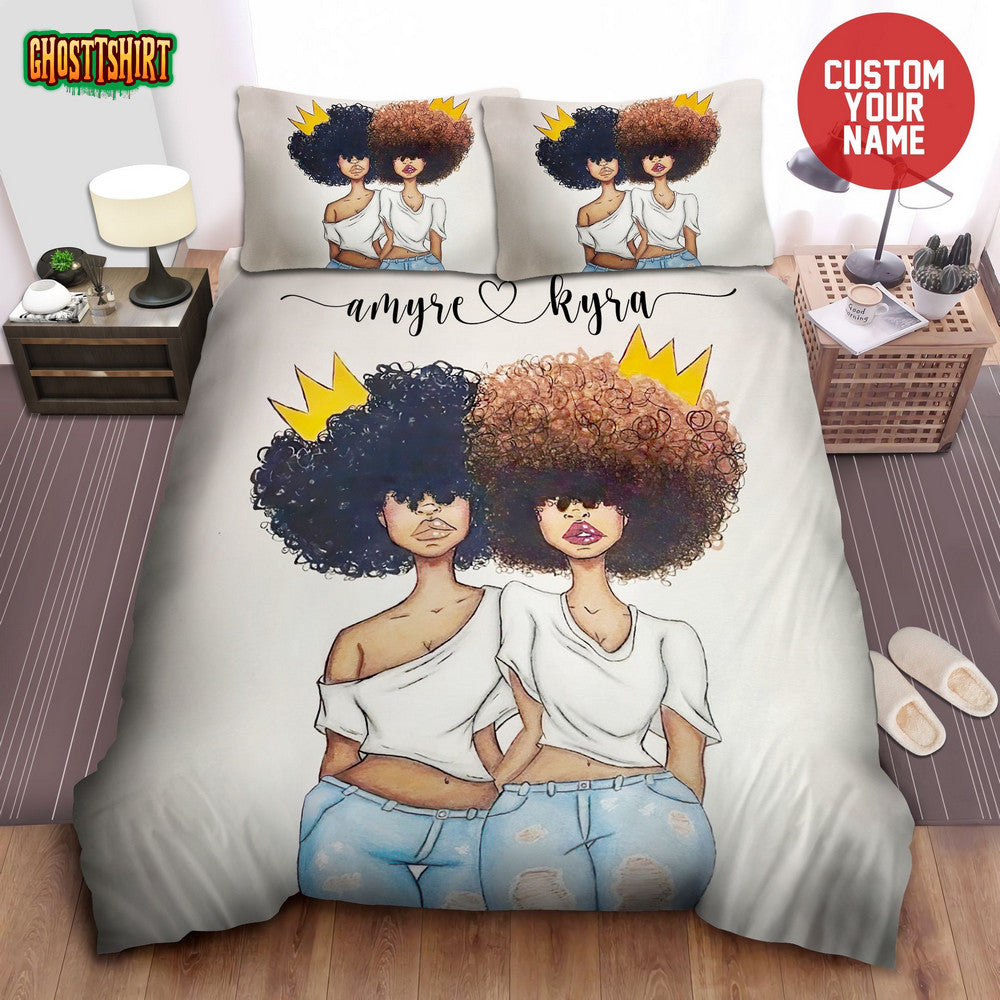 Couple Black Girl With Big Afro African Custom Name Duvet Cover Bedding Set