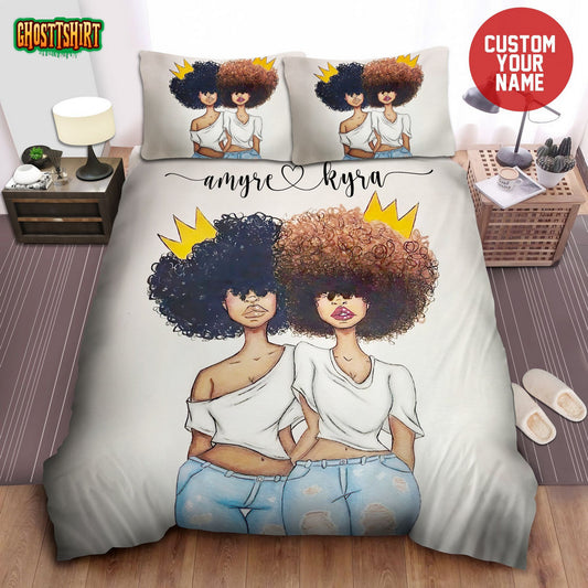 Couple Black Girl With Big Afro African Custom Name Duvet Cover Bedding Set