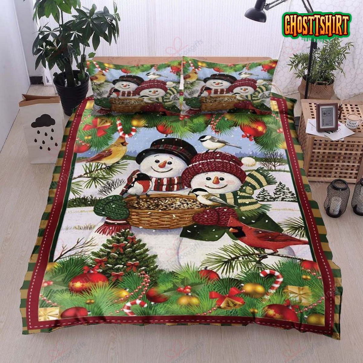 Couple Snowman Cardinal Merry Christmas Bed Sheets Duvet Cover Bedding Set